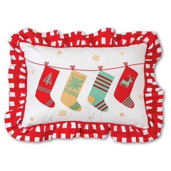 NEW! Christmas Stocking Buffalo Plaid Large Ruffled Throw Pillow Holiday - Picture 1 of 1